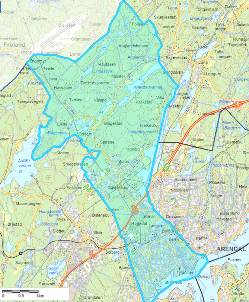 Kart over Trefoldighet menighets geografiske område i Arendal.